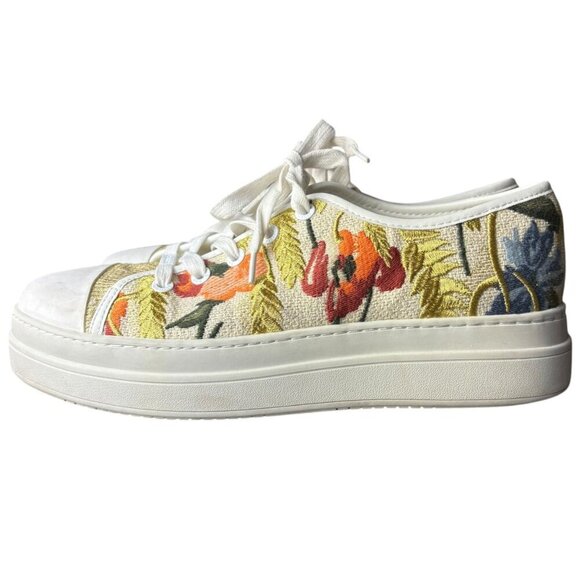 J Slides Women's 9 Noir‎ Floral Embroidered Platform Sneaker White Beige Artsy - Picture 4 of 10